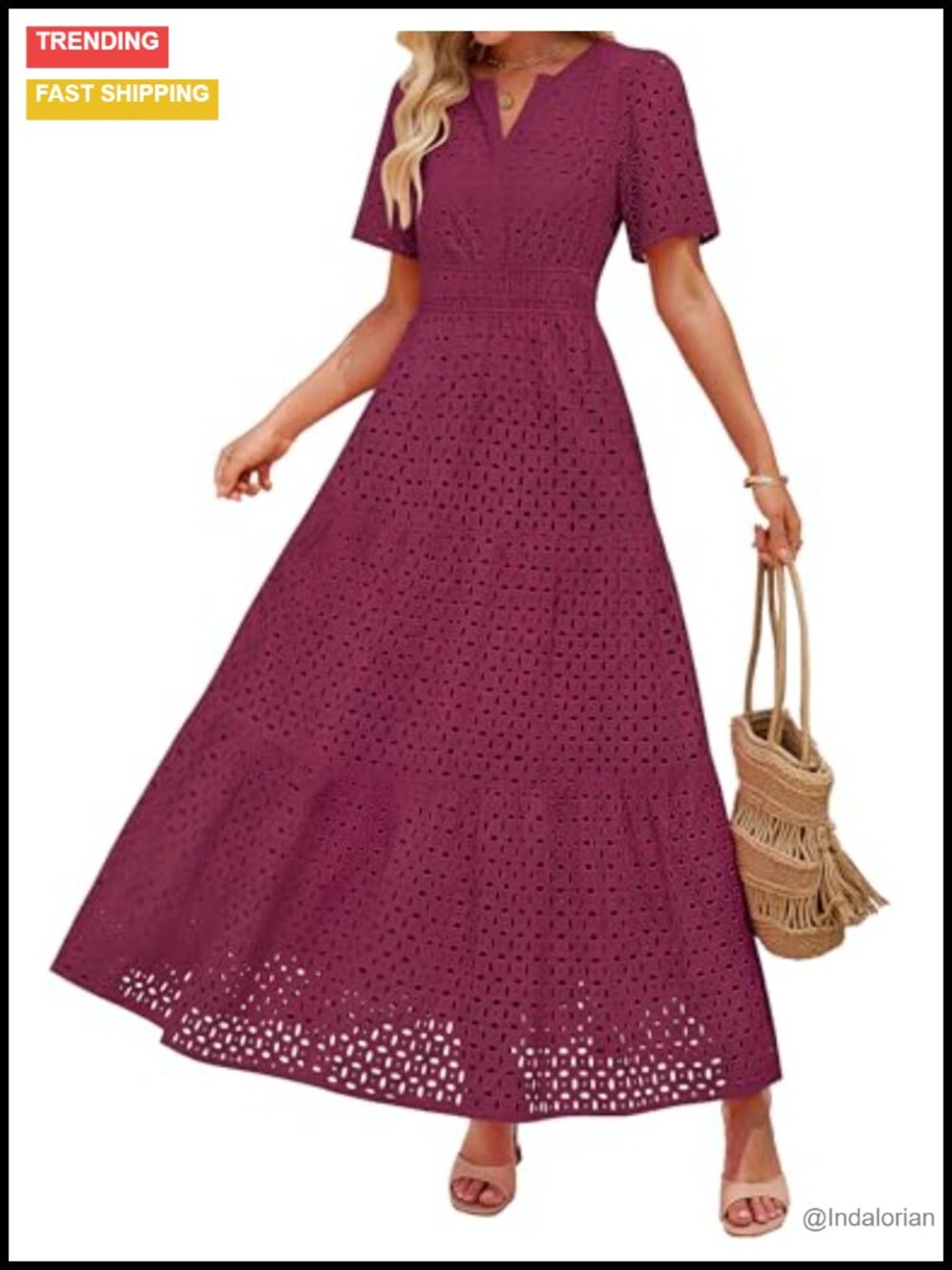 Women's Casual V Neck Eyelet A Line Maxi Dress Short Sleeve
